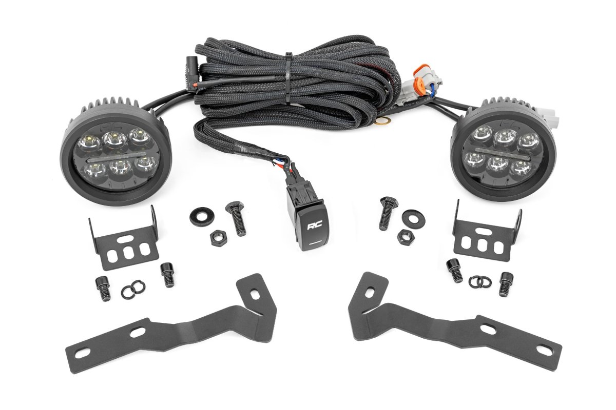 Toyota Tacoma LED Light Kit - Rough Country - Ditch Mount, Black Series Round, 3.5 Inch, Amber DRL - Black - '16-'23